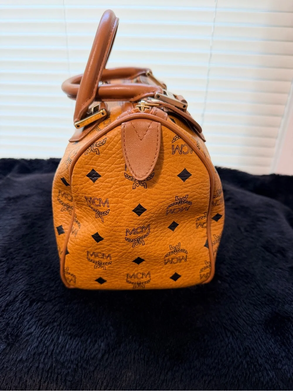 MCM Cognac Visetos Logo Satchel with Gold Hardware